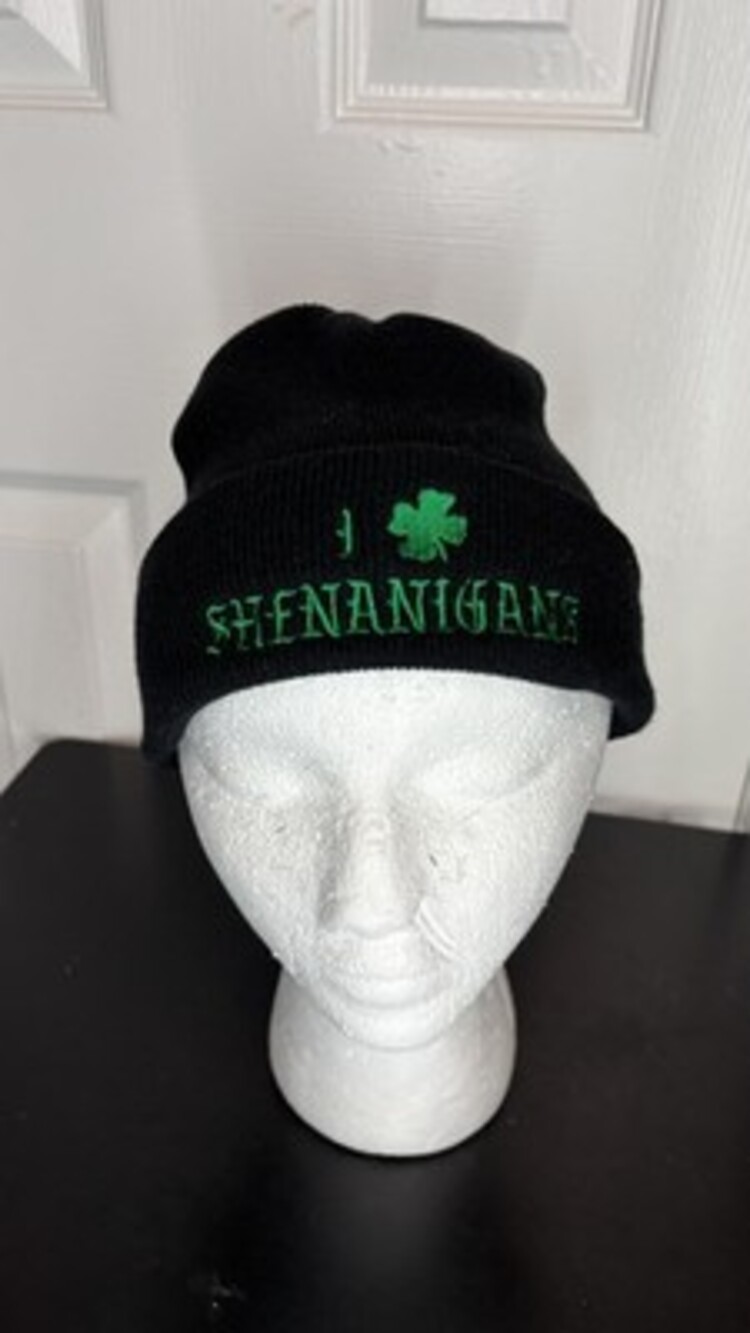 Black Knit Beanie Hat Green Shamrock 'Shenanigans' Embroidered